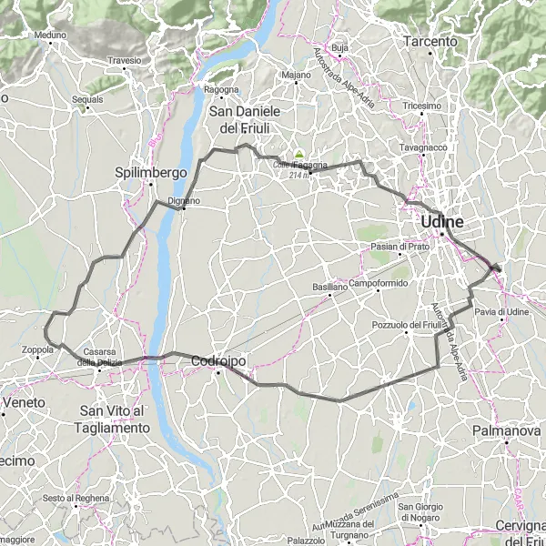 Miniature de la carte de l'inspiration cycliste "Légende du Frioul" dans la Friuli-Venezia Giulia, Italy. Générée par le planificateur d'itinéraire cycliste Tarmacs.app