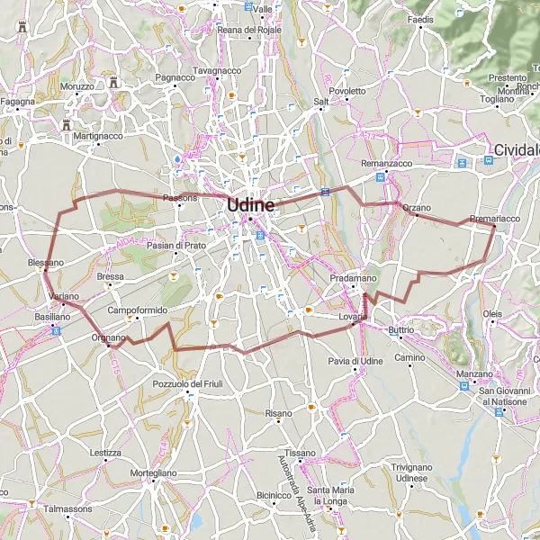 Kartminiatyr av "Äventyr i Friuli Gravel Tour" cykelinspiration i Friuli-Venezia Giulia, Italy. Genererad av Tarmacs.app cykelruttplanerare