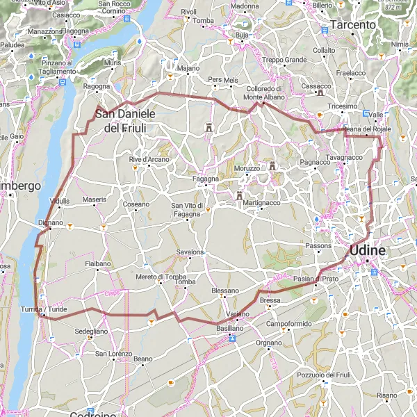 Miniature de la carte de l'inspiration cycliste "Le Tour des Collines de Frioul" dans la Friuli-Venezia Giulia, Italy. Générée par le planificateur d'itinéraire cycliste Tarmacs.app