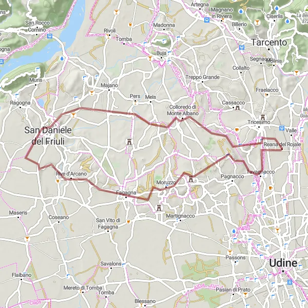 Kartminiatyr av "Utforska San Daniele del Friuli och Moruzzo på grusvägar" cykelinspiration i Friuli-Venezia Giulia, Italy. Genererad av Tarmacs.app cykelruttplanerare