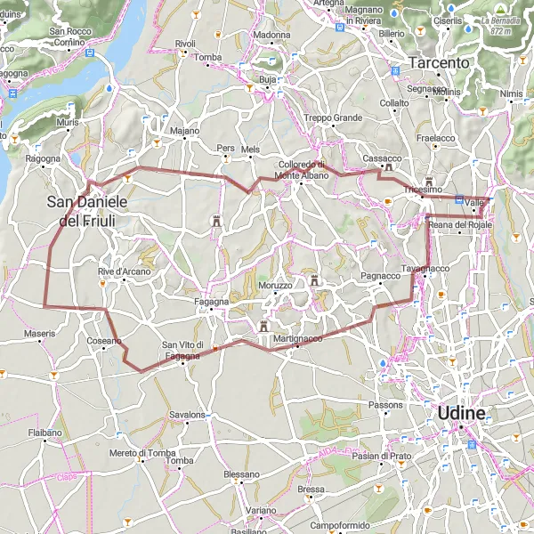 Zemljevid v pomanjšavi "Potovanje po gorah Reana del Rojale" kolesarske inspiracije v Friuli-Venezia Giulia, Italy. Generirano z načrtovalcem kolesarskih poti Tarmacs.app