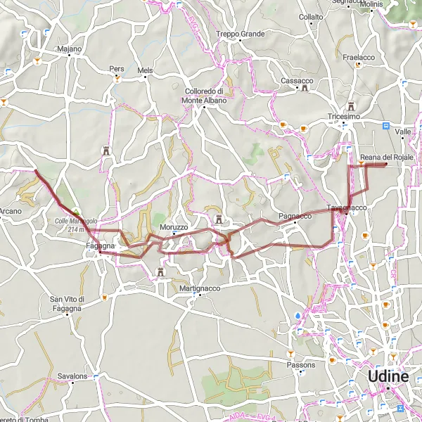 Miniaturní mapa "Gravel Bike Adventure around Reana del Rojale" inspirace pro cyklisty v oblasti Friuli-Venezia Giulia, Italy. Vytvořeno pomocí plánovače tras Tarmacs.app