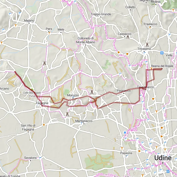 Mapa miniatúra "Okolo Reana del Rojale - Moruzzo - Colle Marangolo - Fagagna - Pagnacco - Borc di Povie" cyklistická inšpirácia v Friuli-Venezia Giulia, Italy. Vygenerované cyklistickým plánovačom trás Tarmacs.app