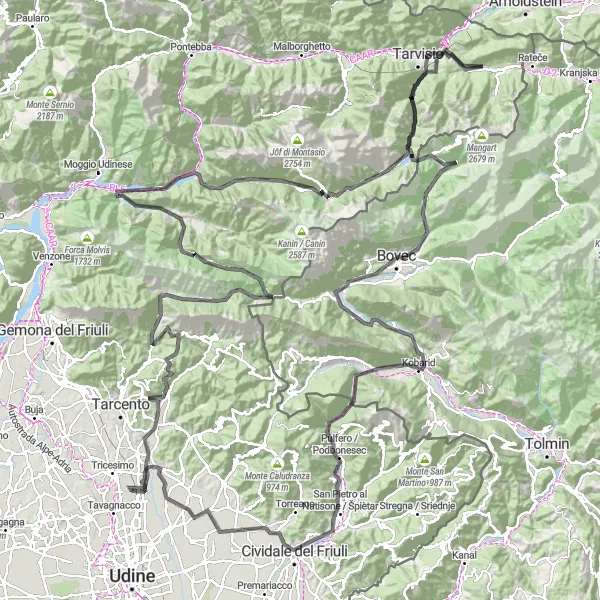 Mapa miniatúra "Panorámska jazda cez horské vrcholy" cyklistická inšpirácia v Friuli-Venezia Giulia, Italy. Vygenerované cyklistickým plánovačom trás Tarmacs.app