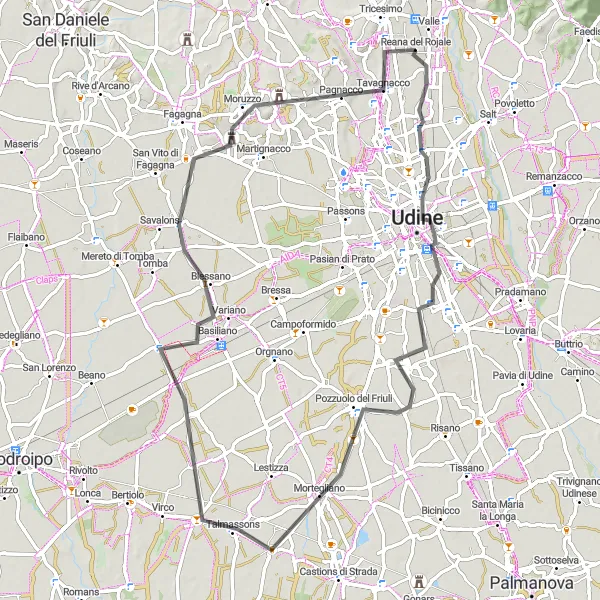 Kartminiatyr av "Udine och Basiliano cykeltur" cykelinspiration i Friuli-Venezia Giulia, Italy. Genererad av Tarmacs.app cykelruttplanerare