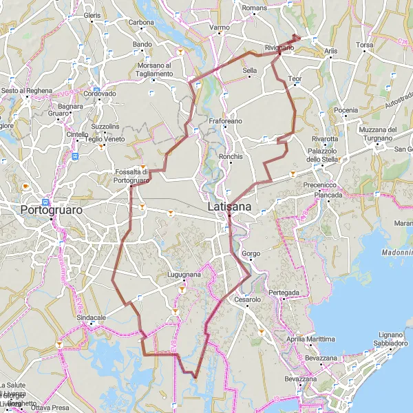 Zemljevid v pomanjšavi "Rivignano do Cornazzai" kolesarske inspiracije v Friuli-Venezia Giulia, Italy. Generirano z načrtovalcem kolesarskih poti Tarmacs.app