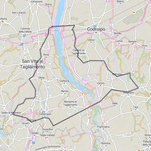 Map miniature of "Rivignano - San Vito al Tagliamento Circuit" cycling inspiration in Friuli-Venezia Giulia, Italy. Generated by Tarmacs.app cycling route planner