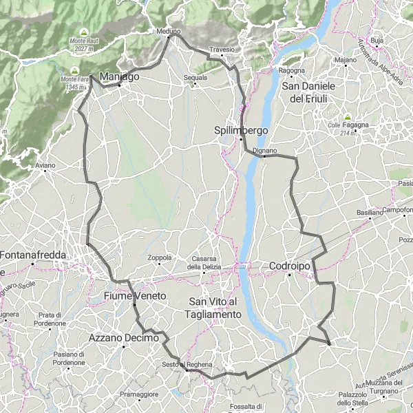 Map miniature of "Rivignano - Spilimbergo Grand Tour" cycling inspiration in Friuli-Venezia Giulia, Italy. Generated by Tarmacs.app cycling route planner