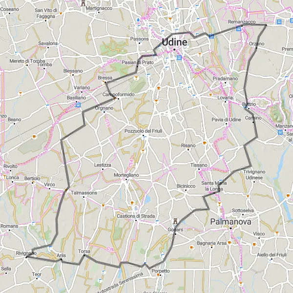 Miniatua del mapa de inspiración ciclista "Ruta de Ciclismo de Carretera Sivigliano-Campoformido-Remanzacco-Buttrio-Gonars" en Friuli-Venezia Giulia, Italy. Generado por Tarmacs.app planificador de rutas ciclistas