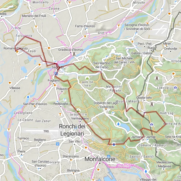 Miniatura della mappa di ispirazione al ciclismo "Tra le Colline da Romans d'Isonzo a Germon" nella regione di Friuli-Venezia Giulia, Italy. Generata da Tarmacs.app, pianificatore di rotte ciclistiche