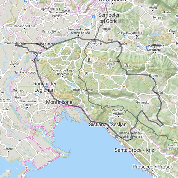 Miniaturní mapa "Výlet kolem Romans d'Isonzo na silnici" inspirace pro cyklisty v oblasti Friuli-Venezia Giulia, Italy. Vytvořeno pomocí plánovače tras Tarmacs.app