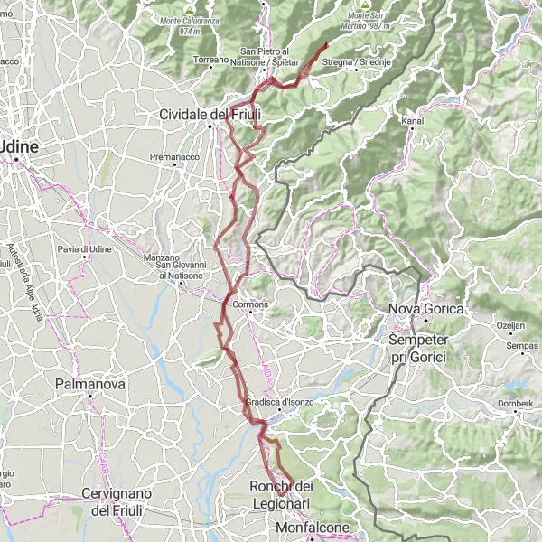 Miniaturní mapa "Gravelová cyklotrasa okolo Ronchi dei Legionari" inspirace pro cyklisty v oblasti Friuli-Venezia Giulia, Italy. Vytvořeno pomocí plánovače tras Tarmacs.app