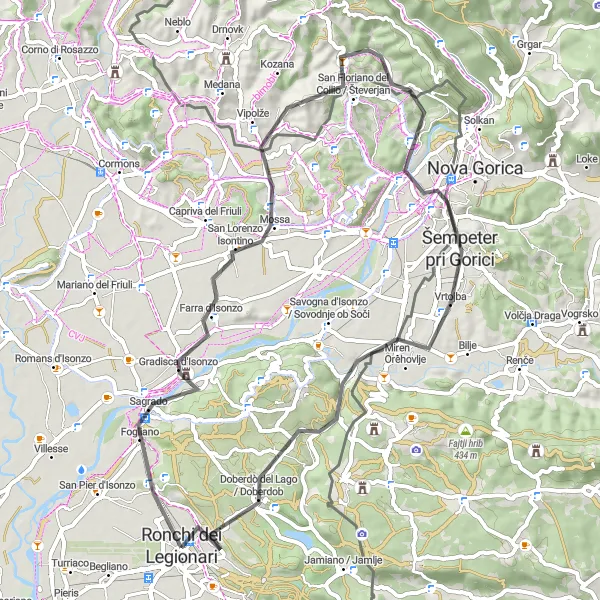 Zemljevid v pomanjšavi "Okoliški hribi in zgodovinsko mesto" kolesarske inspiracije v Friuli-Venezia Giulia, Italy. Generirano z načrtovalcem kolesarskih poti Tarmacs.app