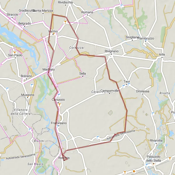 Miniaturní mapa "Gravel Ronchis okruh" inspirace pro cyklisty v oblasti Friuli-Venezia Giulia, Italy. Vytvořeno pomocí plánovače tras Tarmacs.app