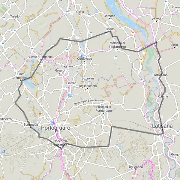 Miniaturní mapa "Silniční okruh kolem Ronchis" inspirace pro cyklisty v oblasti Friuli-Venezia Giulia, Italy. Vytvořeno pomocí plánovače tras Tarmacs.app