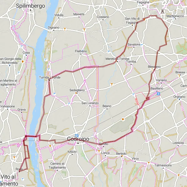 Miniaturní mapa "Gravelová výprava kolem Mereto di Tomba" inspirace pro cyklisty v oblasti Friuli-Venezia Giulia, Italy. Vytvořeno pomocí plánovače tras Tarmacs.app