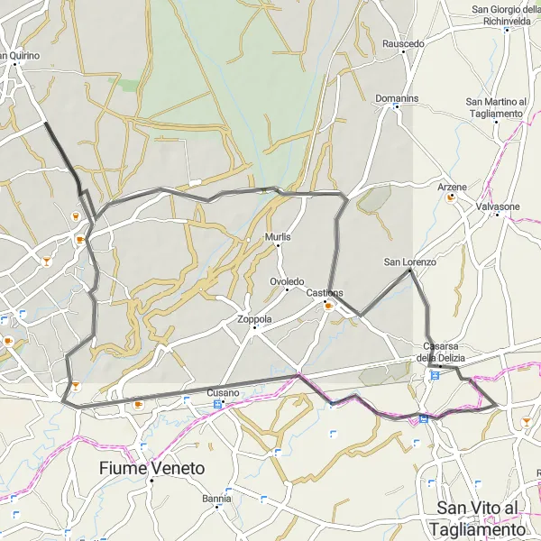 Miniaturní mapa "San Giovanni di Casarsa Okruh" inspirace pro cyklisty v oblasti Friuli-Venezia Giulia, Italy. Vytvořeno pomocí plánovače tras Tarmacs.app