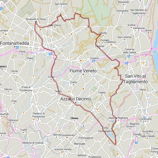 Miniaturní mapa "Gravel Tour around Roveredo in Piano" inspirace pro cyklisty v oblasti Friuli-Venezia Giulia, Italy. Vytvořeno pomocí plánovače tras Tarmacs.app