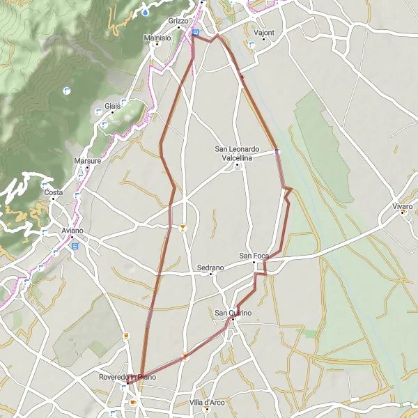 Map miniature of "Roveredo Gravel Loop" cycling inspiration in Friuli-Venezia Giulia, Italy. Generated by Tarmacs.app cycling route planner