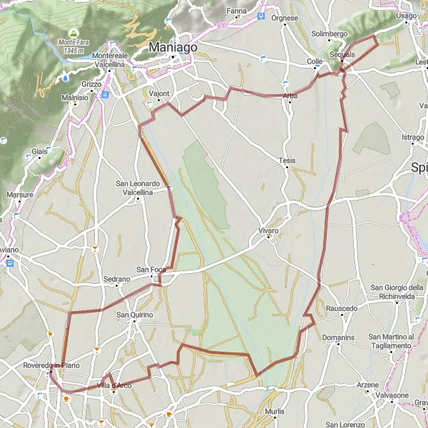 Miniatua del mapa de inspiración ciclista "Ruta de Grava alrededor de Roveredo in Piano" en Friuli-Venezia Giulia, Italy. Generado por Tarmacs.app planificador de rutas ciclistas