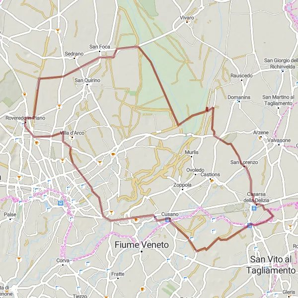 Mapa miniatúra "Gravel okruh cez San Giovanni di Casarsa" cyklistická inšpirácia v Friuli-Venezia Giulia, Italy. Vygenerované cyklistickým plánovačom trás Tarmacs.app