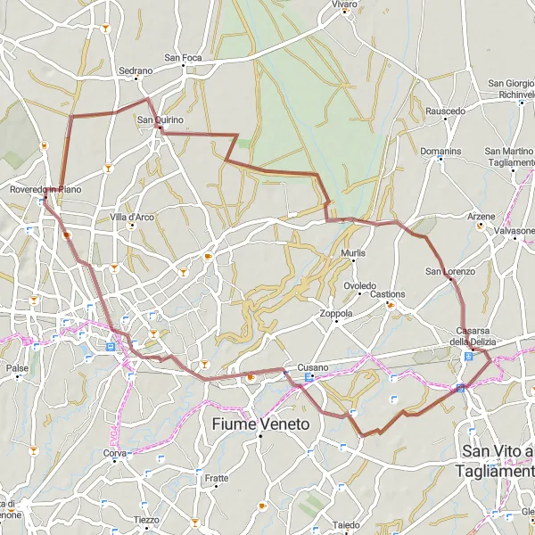 Miniatua del mapa de inspiración ciclista "Recorrido de grava por San Quirino y Pescincanna" en Friuli-Venezia Giulia, Italy. Generado por Tarmacs.app planificador de rutas ciclistas