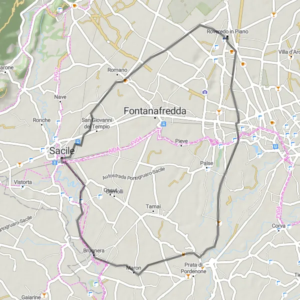 Zemljevid v pomanjšavi "Short Cycling Adventure near Roveredo in Piano" kolesarske inspiracije v Friuli-Venezia Giulia, Italy. Generirano z načrtovalcem kolesarskih poti Tarmacs.app