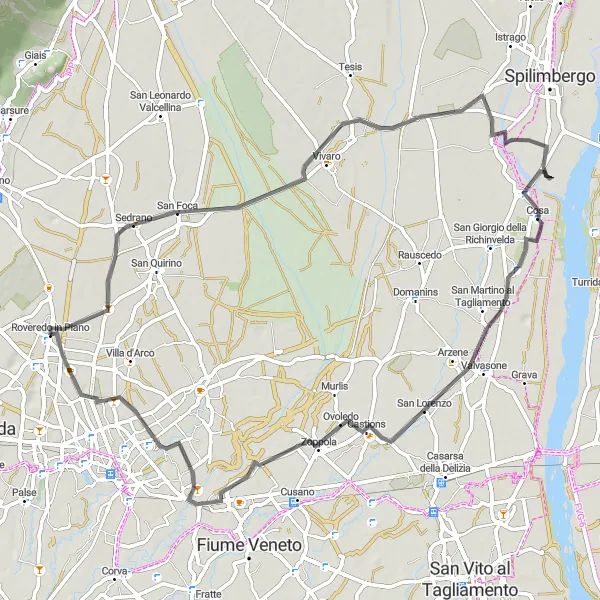 Kartminiatyr av "Utmanande Landsväg till Provesano" cykelinspiration i Friuli-Venezia Giulia, Italy. Genererad av Tarmacs.app cykelruttplanerare