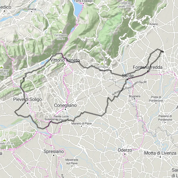 Zemljevid v pomanjšavi "Roveredo-Komun Circular road Bike Route" kolesarske inspiracije v Friuli-Venezia Giulia, Italy. Generirano z načrtovalcem kolesarskih poti Tarmacs.app