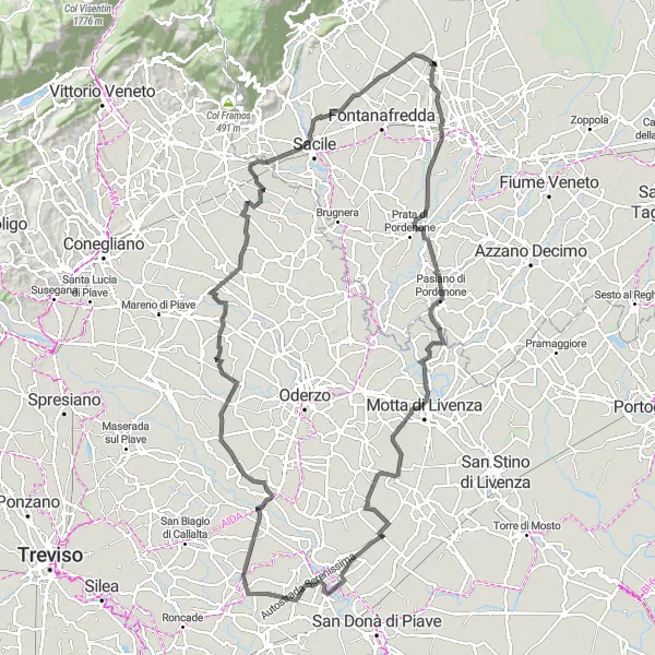 Mapa miniatúra "Road trasa s výstupom na Ponte della Muda" cyklistická inšpirácia v Friuli-Venezia Giulia, Italy. Vygenerované cyklistickým plánovačom trás Tarmacs.app