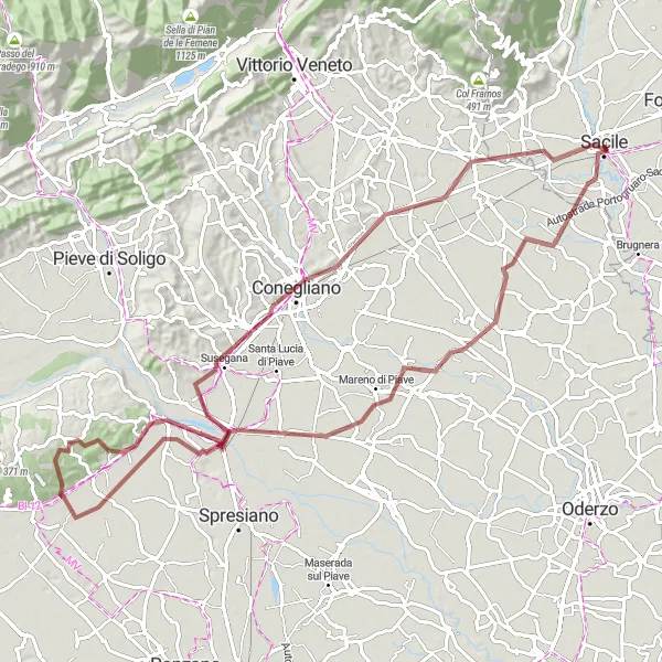 Mapa miniatúra "Cyklotrasa cez Codognè a Nervesa della Battaglia" cyklistická inšpirácia v Friuli-Venezia Giulia, Italy. Vygenerované cyklistickým plánovačom trás Tarmacs.app