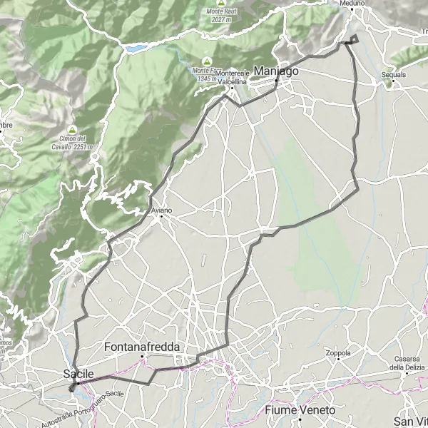 Map miniature of "Challenging Road Cycling Route through the Dolomites and Valcellina" cycling inspiration in Friuli-Venezia Giulia, Italy. Generated by Tarmacs.app cycling route planner