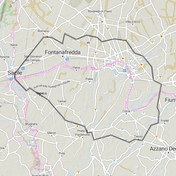 Mapa miniatúra "Scenic Road Cycling Tour to Fontanafredda, Torre, and Prata di Pordenone" cyklistická inšpirácia v Friuli-Venezia Giulia, Italy. Vygenerované cyklistickým plánovačom trás Tarmacs.app
