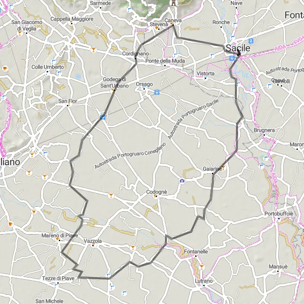 Miniatura della mappa di ispirazione al ciclismo "Giro tra Gaiarine e Sacile" nella regione di Friuli-Venezia Giulia, Italy. Generata da Tarmacs.app, pianificatore di rotte ciclistiche