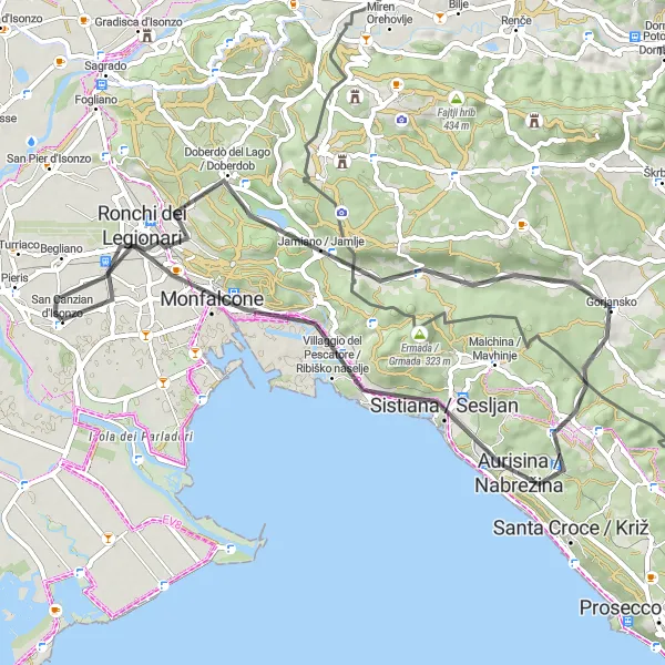 Zemljevid v pomanjšavi "Cestno kolesarjenje v okolici San Canzian d'Isonzo" kolesarske inspiracije v Friuli-Venezia Giulia, Italy. Generirano z načrtovalcem kolesarskih poti Tarmacs.app