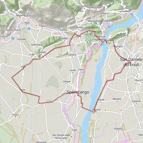 Kartminiatyr av "Grusväg runt Tagliamento" cykelinspiration i Friuli-Venezia Giulia, Italy. Genererad av Tarmacs.app cykelruttplanerare