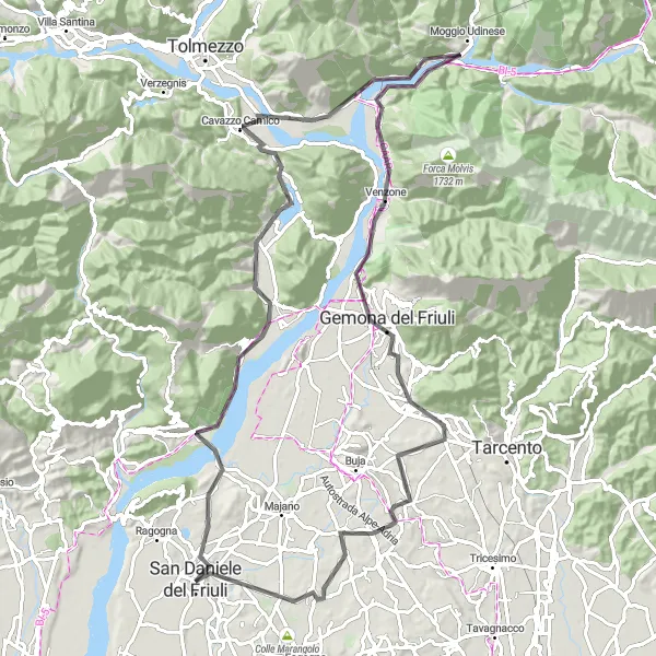 Miniatua del mapa de inspiración ciclista "Ruta de carretera con desafíos cerca de San Daniele del Friuli" en Friuli-Venezia Giulia, Italy. Generado por Tarmacs.app planificador de rutas ciclistas