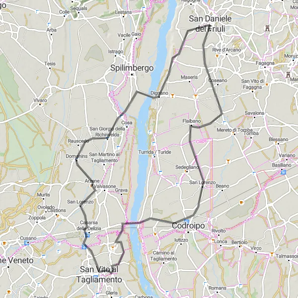 Miniatua del mapa de inspiración ciclista "Ruta en carretera desde San Daniele del Friuli" en Friuli-Venezia Giulia, Italy. Generado por Tarmacs.app planificador de rutas ciclistas