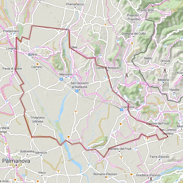 Kartminiatyr av "Grustur til Monte Quarin og Cormons" sykkelinspirasjon i Friuli-Venezia Giulia, Italy. Generert av Tarmacs.app sykkelrutoplanlegger