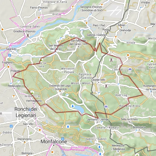 Miniaturní mapa "Adrenalinový okruh kolem San Pier d'Isonzo" inspirace pro cyklisty v oblasti Friuli-Venezia Giulia, Italy. Vytvořeno pomocí plánovače tras Tarmacs.app