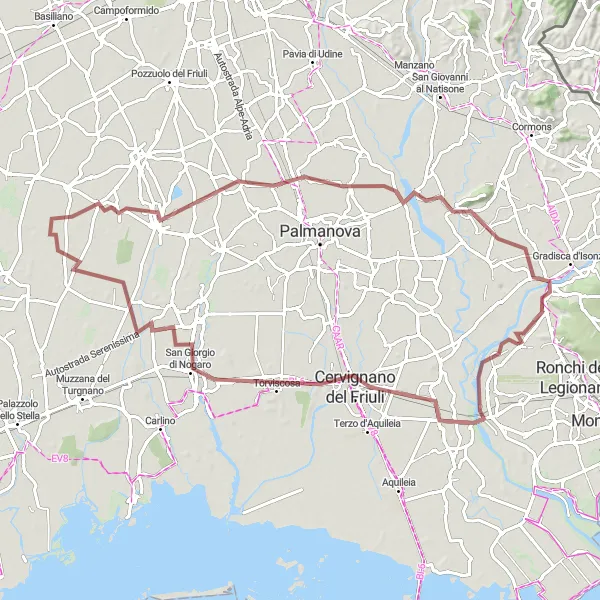 Miniaturní mapa "Relaxační gravel okruh od San Pier d'Isonzo" inspirace pro cyklisty v oblasti Friuli-Venezia Giulia, Italy. Vytvořeno pomocí plánovače tras Tarmacs.app