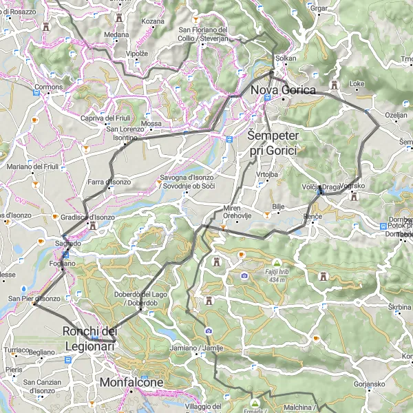 Kartminiatyr av "San Pier d'Isonzo til Nova Gorica via Redipuglia" sykkelinspirasjon i Friuli-Venezia Giulia, Italy. Generert av Tarmacs.app sykkelrutoplanlegger