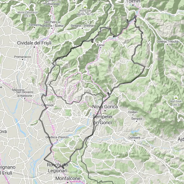 Miniatua del mapa de inspiración ciclista "Ruta exigente de carretera desde San Pier d'Isonzo" en Friuli-Venezia Giulia, Italy. Generado por Tarmacs.app planificador de rutas ciclistas