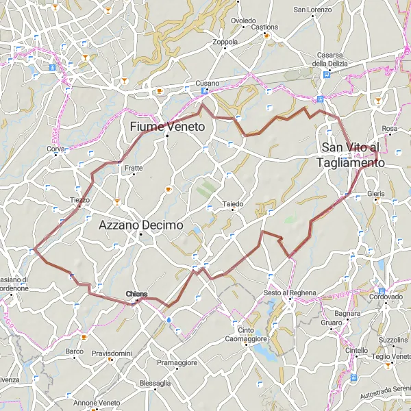 Miniatua del mapa de inspiración ciclista "Ruta de Grava alrededor de San Vito al Tagliamento" en Friuli-Venezia Giulia, Italy. Generado por Tarmacs.app planificador de rutas ciclistas