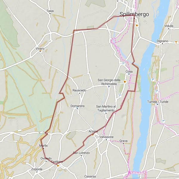 Miniaturní mapa "Gravelová trasa kolem Palazzo Stella" inspirace pro cyklisty v oblasti Friuli-Venezia Giulia, Italy. Vytvořeno pomocí plánovače tras Tarmacs.app