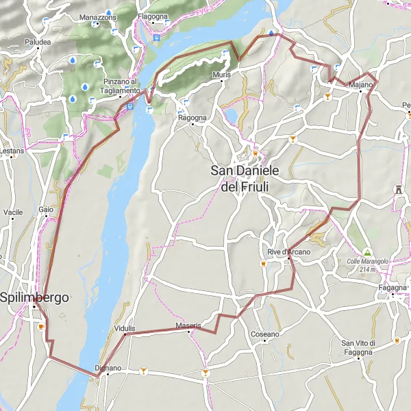 Miniatua del mapa de inspiración ciclista "Ruta Gravel a través de Pinzano al Tagliamento y Rive d'Arcano" en Friuli-Venezia Giulia, Italy. Generado por Tarmacs.app planificador de rutas ciclistas