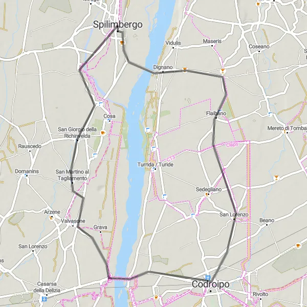 Mapa miniatúra "Road Cycling Adventure to Codroipo" cyklistická inšpirácia v Friuli-Venezia Giulia, Italy. Vygenerované cyklistickým plánovačom trás Tarmacs.app