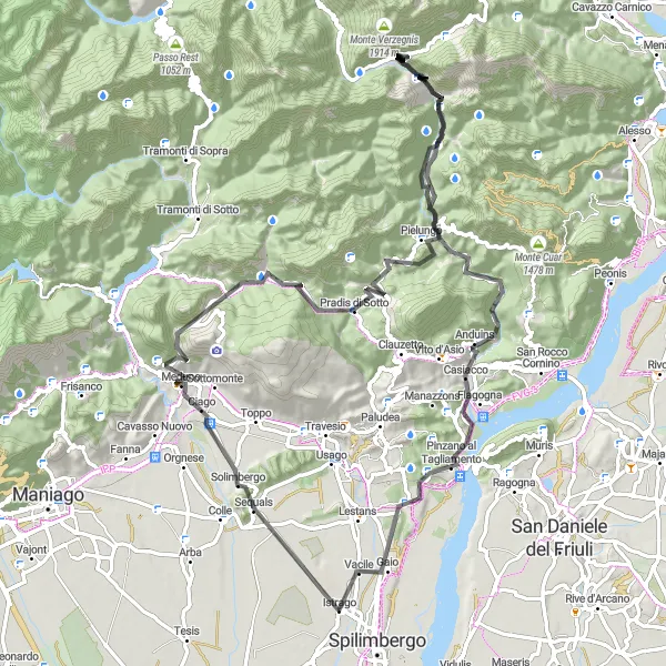 Miniatua del mapa de inspiración ciclista "Desafío en Bicicleta de Carretera a Monte Ciampuc" en Friuli-Venezia Giulia, Italy. Generado por Tarmacs.app planificador de rutas ciclistas