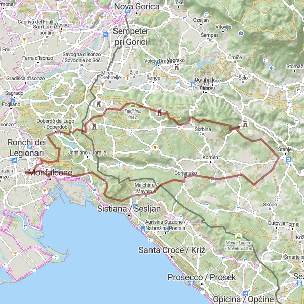 Miniatura della mappa di ispirazione al ciclismo "Esplorazione in Gravel tra i Colli del Carso" nella regione di Friuli-Venezia Giulia, Italy. Generata da Tarmacs.app, pianificatore di rotte ciclistiche