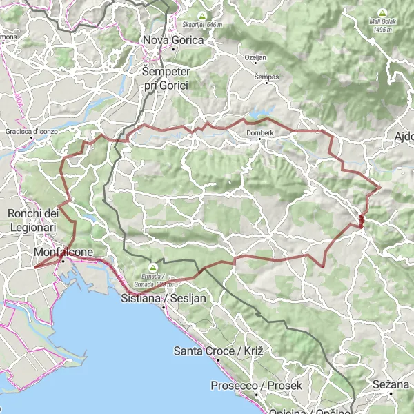 Miniatura della mappa di ispirazione al ciclismo "Avventura in Gravel tra Monfalcone e Sablici" nella regione di Friuli-Venezia Giulia, Italy. Generata da Tarmacs.app, pianificatore di rotte ciclistiche